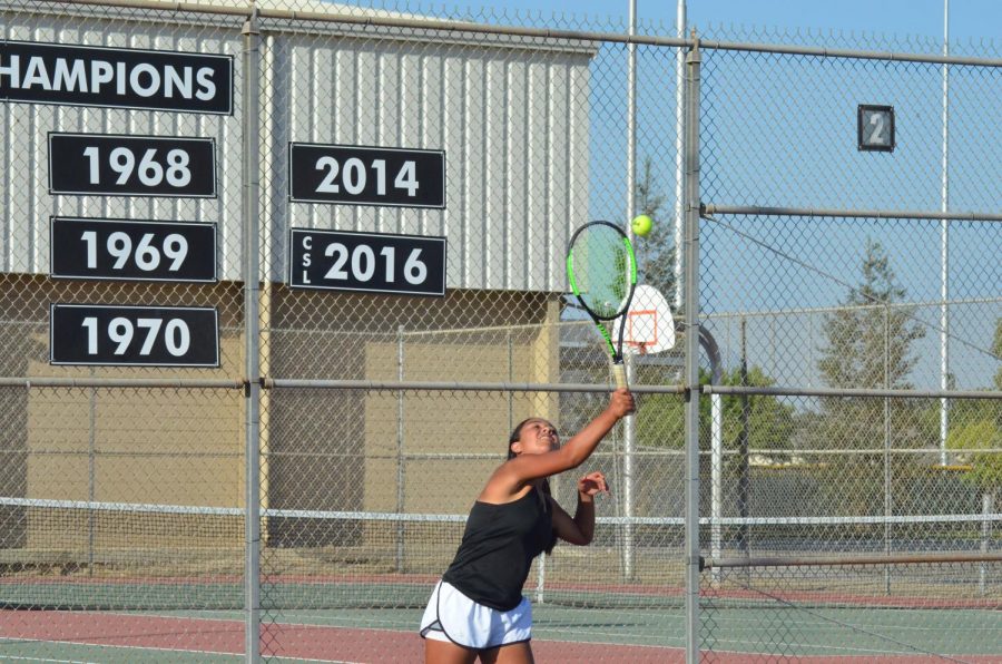 Alina Lopez preparing to strike the tennis ball.