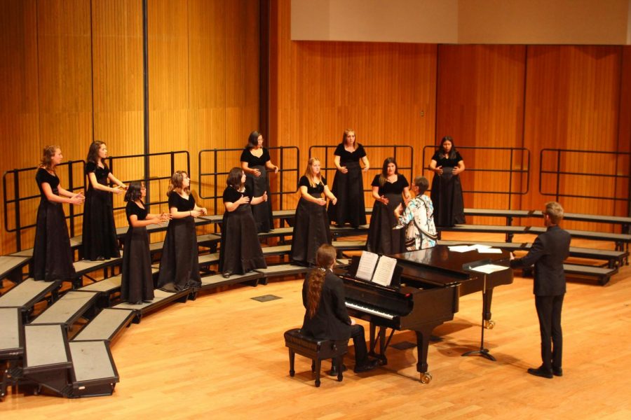 Selma High School choir sets up to perform for their judges at Fresno State.
Photo contributed by Angelica Frutis