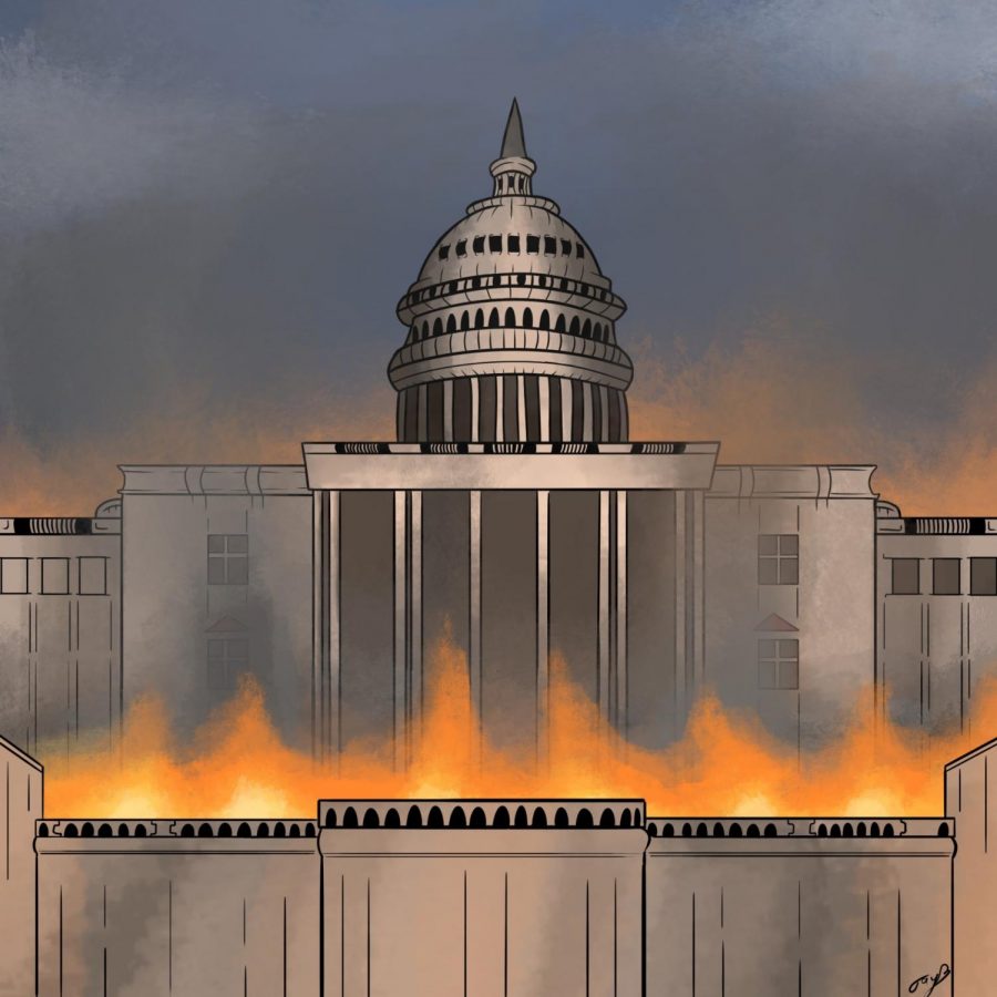 A recreation of the Capitol in a chaotic state during its invasion by domestic terrorists. 
Illustration by Jayden Barnes
