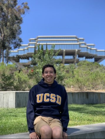 Andrew Rodriguez sitting in front of Geisel Library, UCSD’s most famous landmark!

