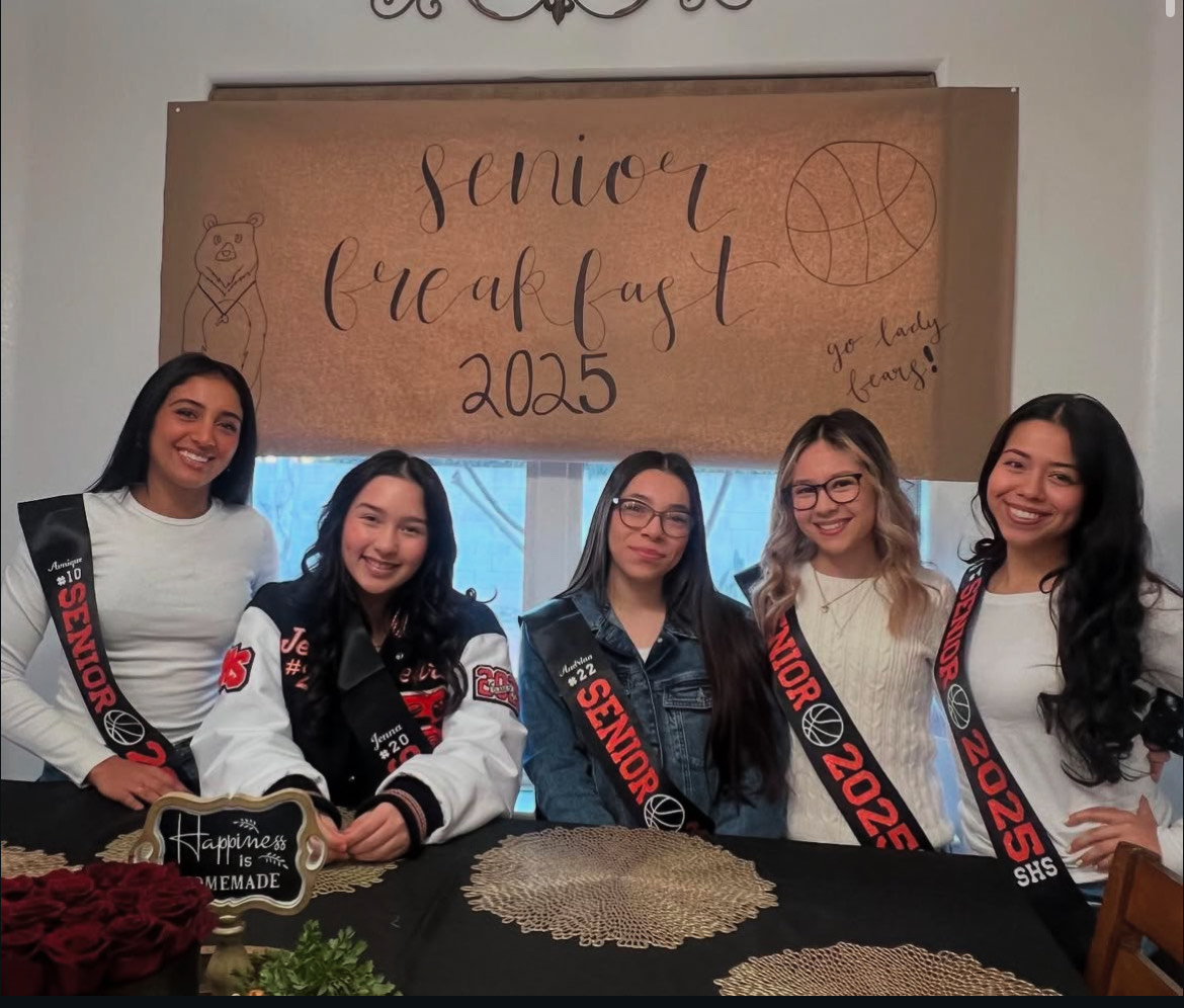 From left to right, Avnique Gill, Jenna Gonzales, Audrina Valdez, Daviana Chavezm and Kennedi Carrasco celebrating their Senior Breakfast