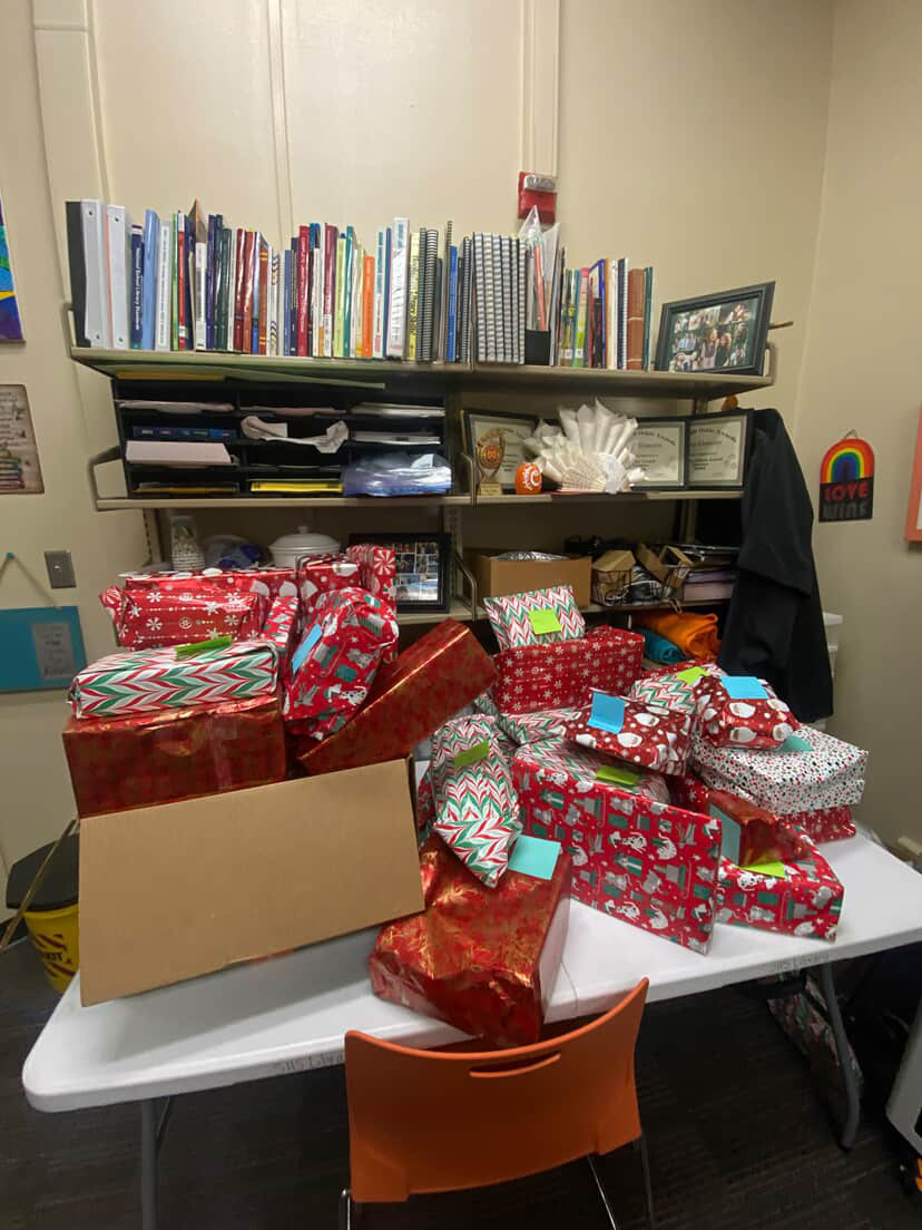 Wrapped gifts ready for the toy drive.