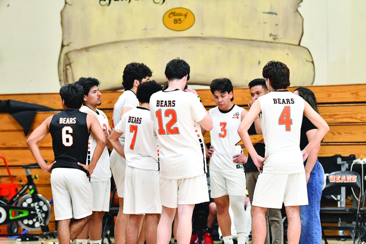 Boys' volleyball strategizing their next move